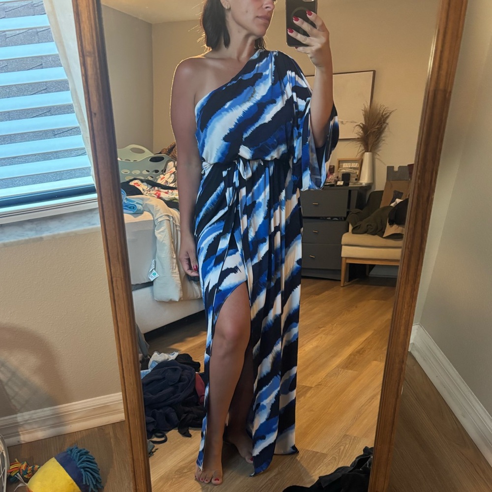 Boston proper Blue and White One-Shoulder Maxi Dress